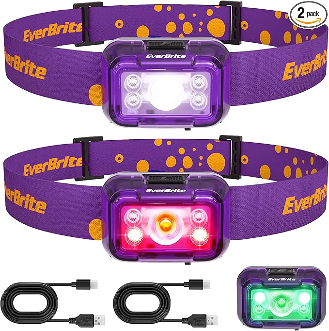 EverBrite Rechargeable Headlamp, 2 Pack Kids & Adult Headlamp with White/Red/Green Light, Memory Function, 120° Adjustable, IP54 Waterproof Head Lamp for Camping, Running & Emergencies, Gift Choice