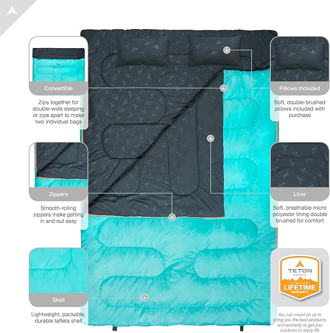Teton Mammoth Queen Size Double Sleeping Bag- A Warm Bag The Whole Family can Enjoy – Great for Camping, Hunting and Base Camp. Compression Sack Included, 40F Teal