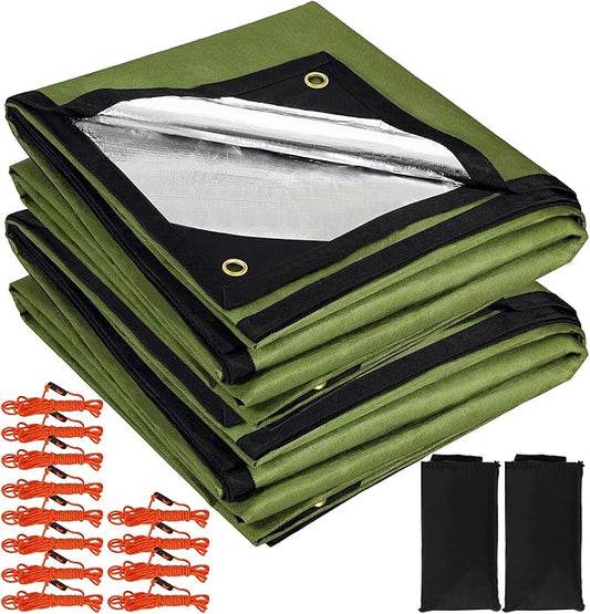 RedSwing 2-Pack Heavy Duty Survival Blanket, Waterproof Emergency Thermal Tarp, Multipurpose Reflective Insulated All Weather Blankets for Camping Hiking, Green,11.8 x 8.5 ft