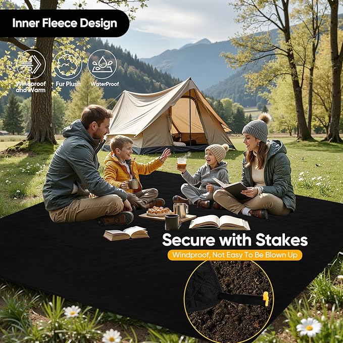 Waterproof Camping Blanket w/Fleece Lining, Large Stadium Blankets for Outdoor Cold Weather, Windproof Emergency Throw, LightWeight and Warm for Hiking, Dog, Picnic, Washable, 67”X 87” (Black, 1PCS)