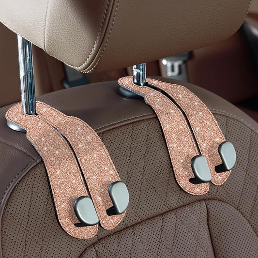CoBak Purse Hook for Car - Universal Premium Stitched Leather and Aluminum-Magnesium Alloy Double Car Seat Back Storage Hook for Purses, Handbags, Bags (2 Pack),Glitter Rose