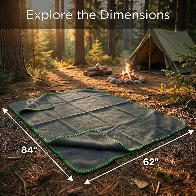 Wool Camping Blanket – 70% Wool Heavy-Duty Military Style Throw, Warm & Washable, Fire Retardant Cover for Emergency, Survival & Outdoor Use – Perfect for Camping, Car, Home & Hiking, Grey 62x84