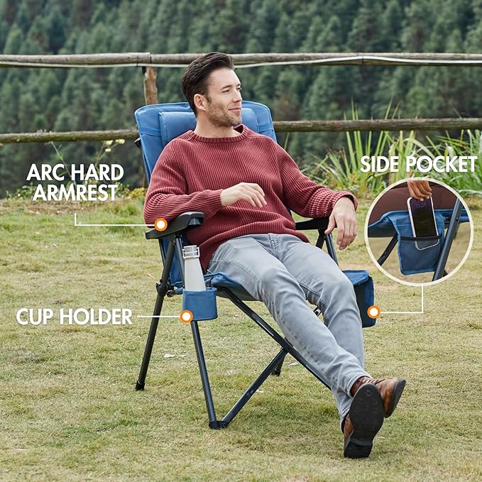 Portal Reclining Camping Chair with Adjustable Back Folding Camp Recliner for Adults Portable High Back Oversized, 350LBS (Blue)