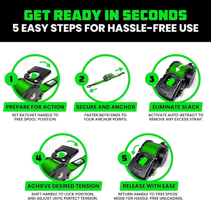 Rhino USA Retractable Ratchet Straps (4-Pack) - 2 Inch x 10 Feet (3,033lb Break Strength) - Heavy Duty Auto Self Retracting Tie Down Straps for Truck, Cargo Trailer, Motorcycle, Rad & More - Green