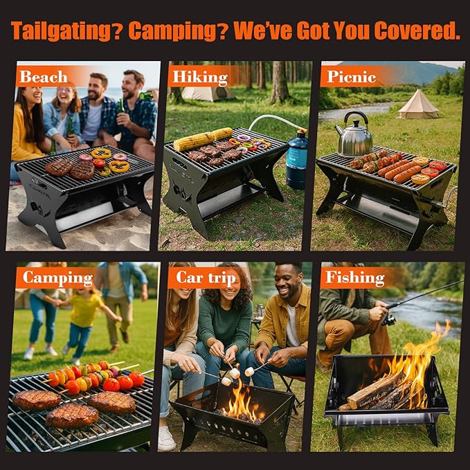 QuliMetal Portable Camping Grill – Foldable Charcoal/Gas Grill with Carry Bag | Heavy-Duty Backpacking BBQ & Fire Pit Grill for Outdoor Cooking, Camping, Tailgating, Patio & Backyard