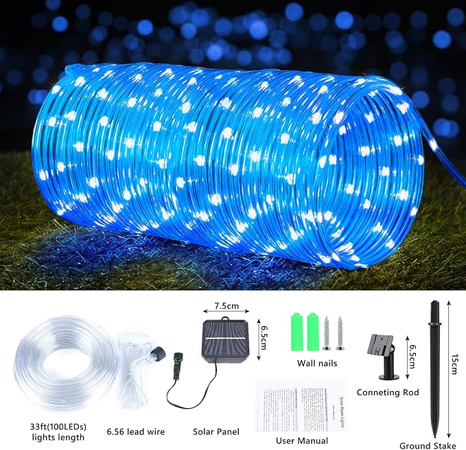 Solar Rope Lights, 2 Packs Total 66ft 200LED Solar String Lights, 8 Modes Waterproof Solar Powered Outdoor Light, Flexible Clear Tube Light for Garden Backyard Patio Deck Porch Tree Xmas Decor - Blue