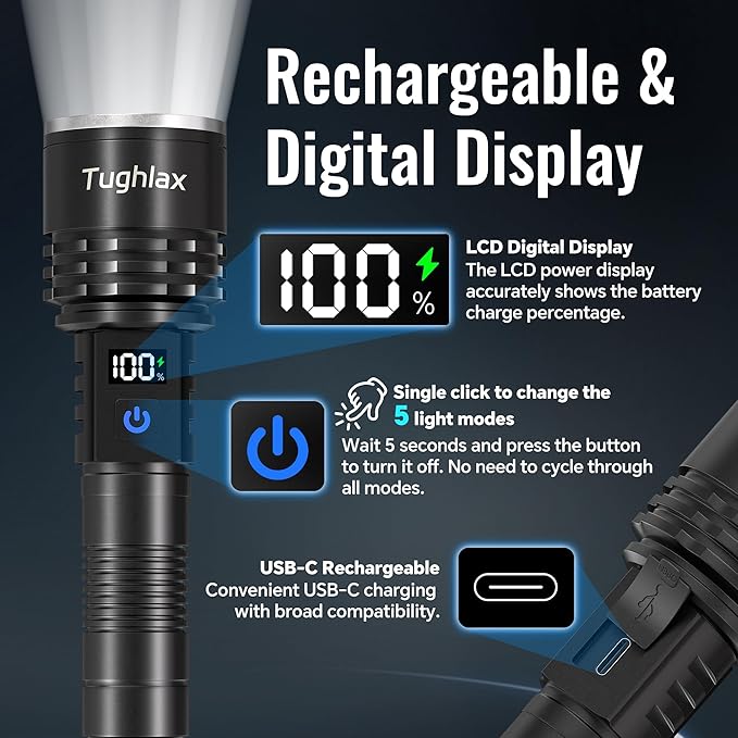 Rechargeable Flashlights High Lumens, 90,000 Lumens Super Bright LED Flashlight Tactical Flashlight with LCD Digital Display, 5 Modes Zoomable Waterproof Powerful Handheld Flashlight for Home