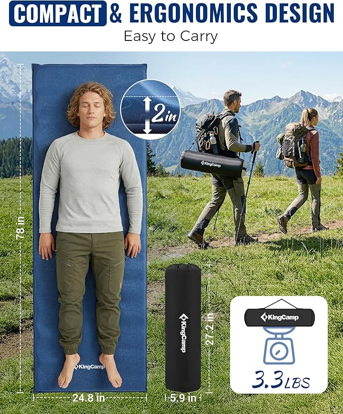 KingCamp Sleeping Pad for Camping, Rollover Prevention Self Inflating Sleeping Pad Camping Mattress Foam Mat with Butterfly Edge Cut for Outdoor & Indoor, Tent Cot Car Backpacking, PVC Free