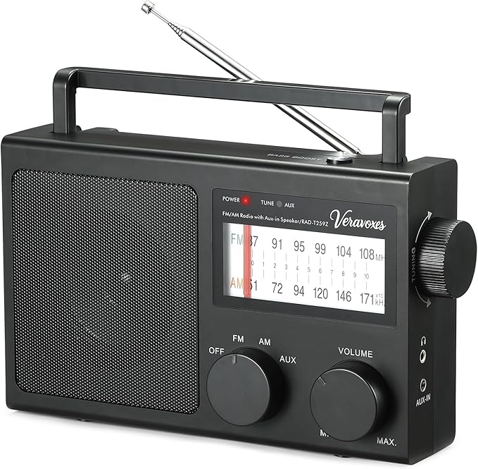 Portable AM/FM Radio with Bass Control, Equipped with a Built-in high-Power Speaker, Headphone Jack, and AUX Audio Input, Supports Battery or AC Power Operation (Black)