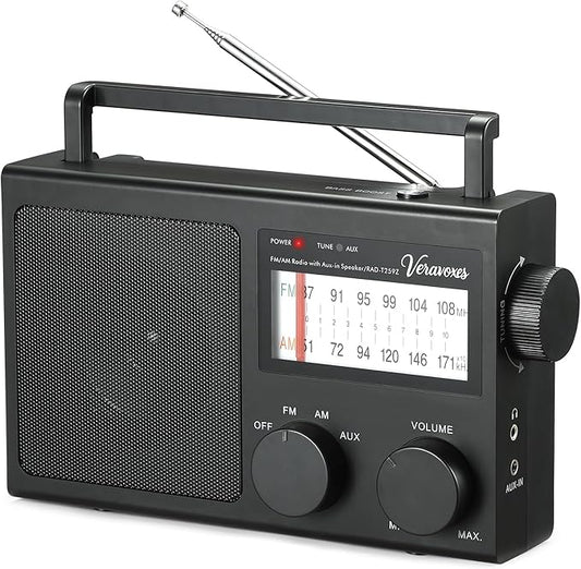 Portable AM/FM Radio with Bass Control, Equipped with a Built-in high-Power Speaker, Headphone Jack, and AUX Audio Input, Supports Battery or AC Power Operation (Black)