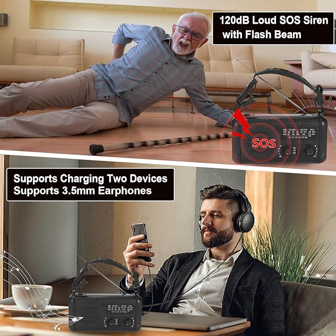 Emergency Weather Radio (Condor 1) NOAA/AM/FM with 74000mWh Portable Radio, USB-C/Solar/Hand Crank Charging, SOS Alarm, Flashlight, Reading Lamp & Survival Handle Kit for Indoor/Outdoor Emergency