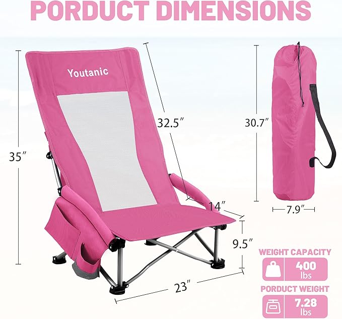 Youtanic High Back Beach Camping Chair 2 Pack, Extra Wide Folding Outdoor Chair with Cooler Bag, Breathable Mesh & Dual-Use Pillow, Portable Lounge Seat for Adults, Sand, Sports, Picnic, Pink