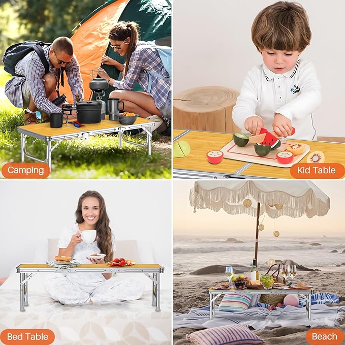 FUNYKICH 3ft Low Folding Camping Table with Carry Bag, 34.2'' Lx15.7'' W Portable Picnic Tables, Lightweight Thicker Aluminum Beach Table with Carry Handle for Beach, Camping, Picnic, Yellow