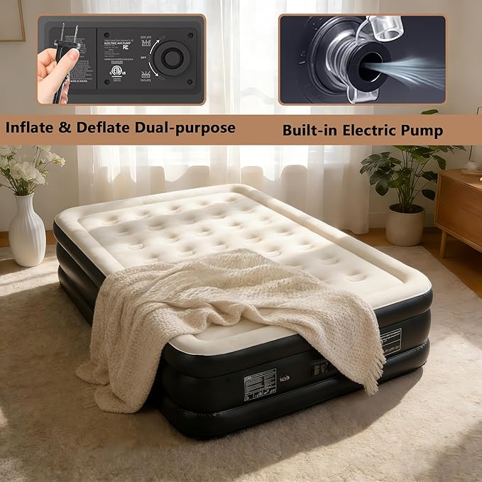 air Mattress Queen with Built in Pump – 18-Inch Thickened Inflatable Mattress for Easy Travel, Supports Up to 650 Pounds（Black）