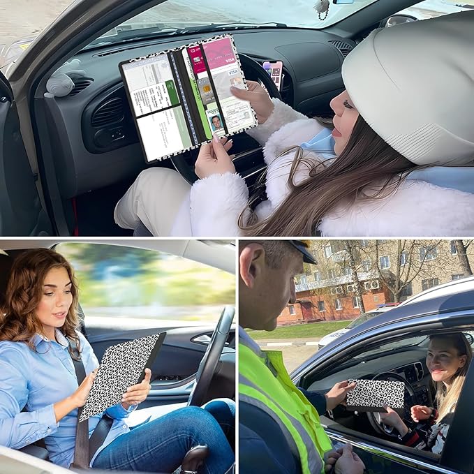 Car Registration and Insurance Holder, with Magnetic Closure for License, Cards and Documents, All Vehicle Needs and Car Accessories (Leopard-White)