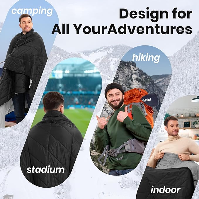 Ultralight Puffy Blanket, Outdoor Camping Blanket, Water-Resistant and Packable, Great for Camping, Stadium, Traveling, Backpacking, Picnic and Beach. 79"x55". Black.