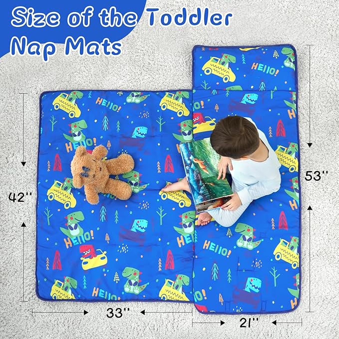 UOMNY Toddler Nap Mat for Boys-Dinosaur Nap Mats with Pillow,Boys Girls Sleep Mat for Preschool Kindergarten 53 x 22 inches