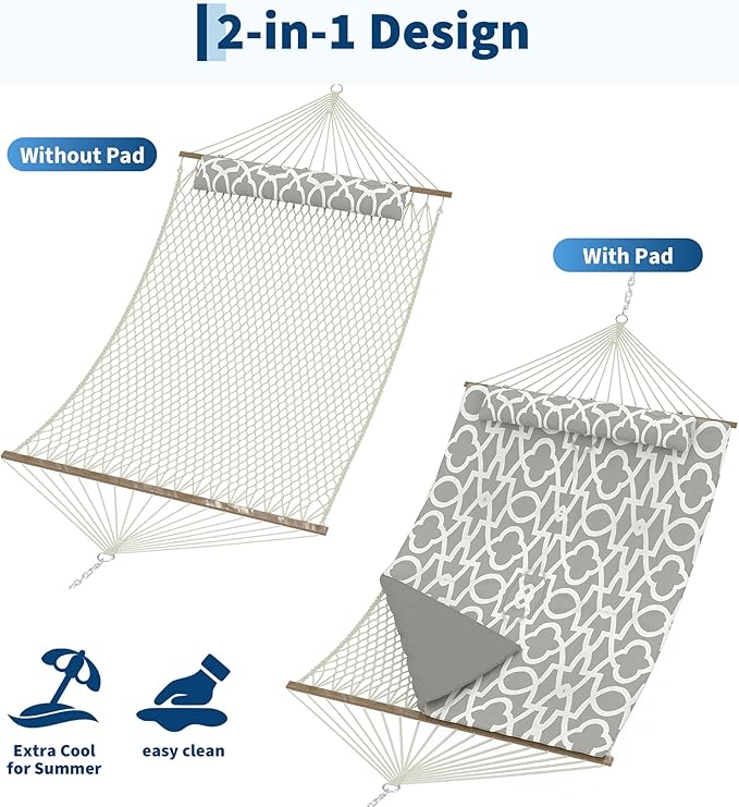 2 Person 12FT Hammocks for Outside, Double Quilted Fabric Outdoor Hammock with Spreader Bar, Large Removable Pillow, Storage Pockets, Carabiners, Max 450 Lbs Capacity