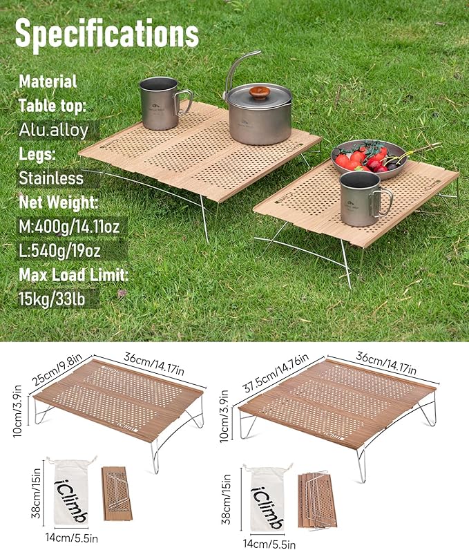 iClimb Mini Solo Folding Table Ultralight Compact for Backpacking Camping Hiking Beach Picnic (Nature - L)