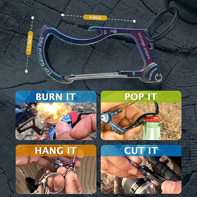 OUTDOOR ELEMENT Firebiner Custom Engraved 6-in-1 Fire Starter Carabiner Multitool – Survival Gear EDC Keychain with Utility Blade, Bottle Opener, Screwdriver, Emergency Tool