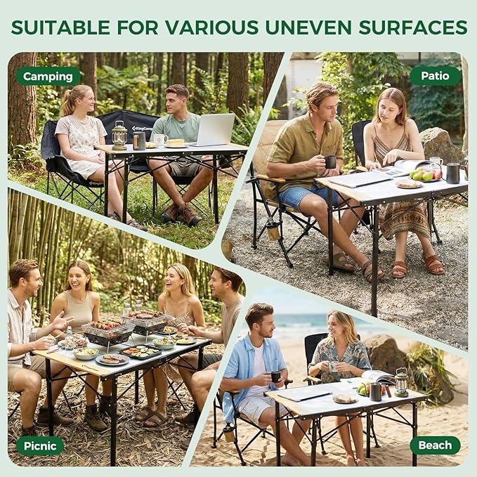 KingCamp Folding Camping Table, Aluminum Roll-Up Camp Table, Large Foldable Table for 4-6 Person, Outdoor Portable Tables with Carry Bag, 176 LBS Heavy Duty Load (Bamboo：40.16“x27.5”，4-6 People)