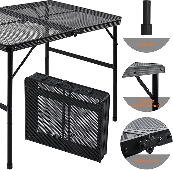 WildFinder 3x2 FT Folding Grill Table, Portable Camping Table for Outside, Adjustable Height Folding Table with Desktop & Mesh Bag, Lightweight Outdoor Table for Camping, Picnic, BBQ