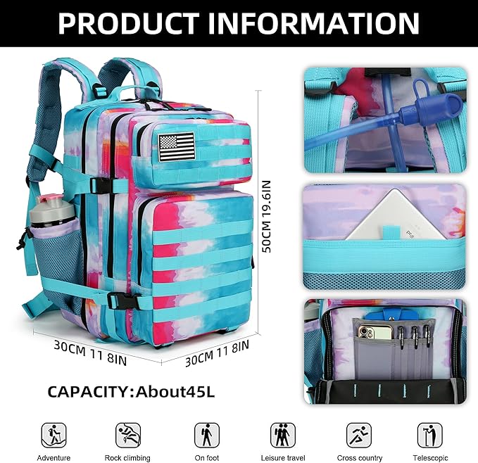 Lovelinks21 45L Tactical Assault Backpack 3 day assault pack with Molle Waterproof backpack Rucksack for Tactical Backpacks (Rainbow)