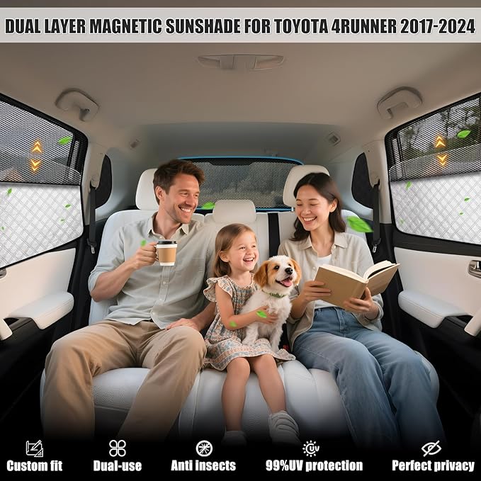 ZATOTOO Car Window Shades for Toyota 4Runner 2017-2024 Sun Shade for Side Window & Rear Windshield Double Layer for Privacy Protection UV Heat Insulation for Camping Nap Parking(No Front Windshield)