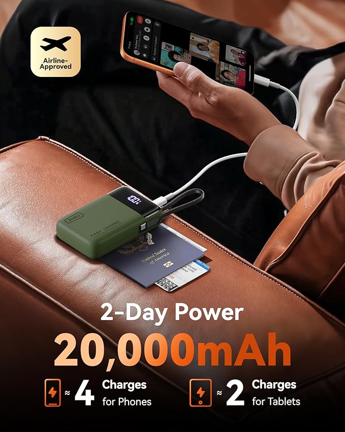 INIU 45W Portable Charger, Smallest 20000mAh Power Bank with Build in USB-C Cable, Fast Charging USB C in&Out Battery Pack, Travel Phone Charger for iPhone 17 16 15 Air Samsung S25 S24 Google, Green