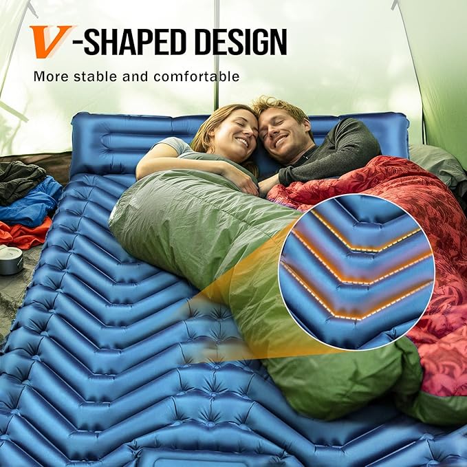 Double Sleeping Pad for Camping- 2 Person Camping Mattress with Pillow, Inflates in 60 Seconds Sleeping Pad with Pump-Electric/Foot Portable Air Pad for Backpacking, Hiking, Tent, Car Travel, Beach