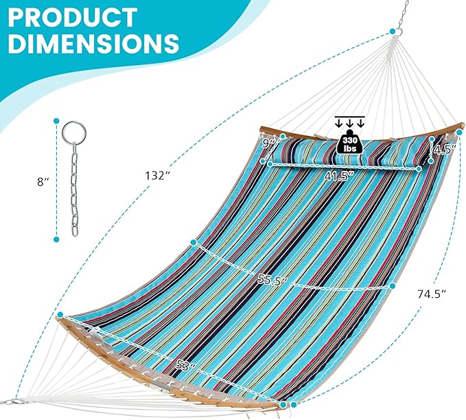 Tangkula 11FT Double Hammock, Heavy Duty Outdoor Hammock with Curved Spreader Bars, Detachable Pillow, 2 Person Hammocks for Outside, Porch, Patio (Blue)