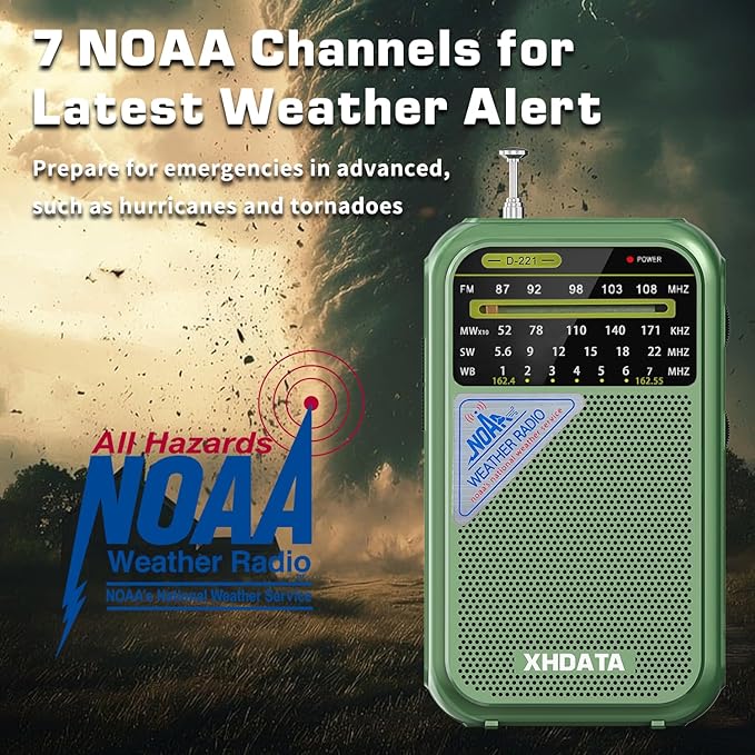 XHDATA D221 NOAA Weather Radio Portable AM FM Shortwave Radio Receiver, 2 AA Battery Operated, Transistor Radio with Excellent Reception for Gift, Family, Elder (Green)