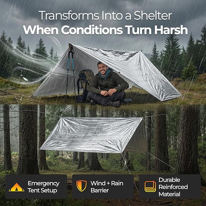 Sierra Madre Emergency Mylar Thermal Space Blanket for Survival – Waterproof Safety Shelter Retains 90% Body Heat – Ultralight & Compact Gear for Camping, First Aid & Prepper Supplies