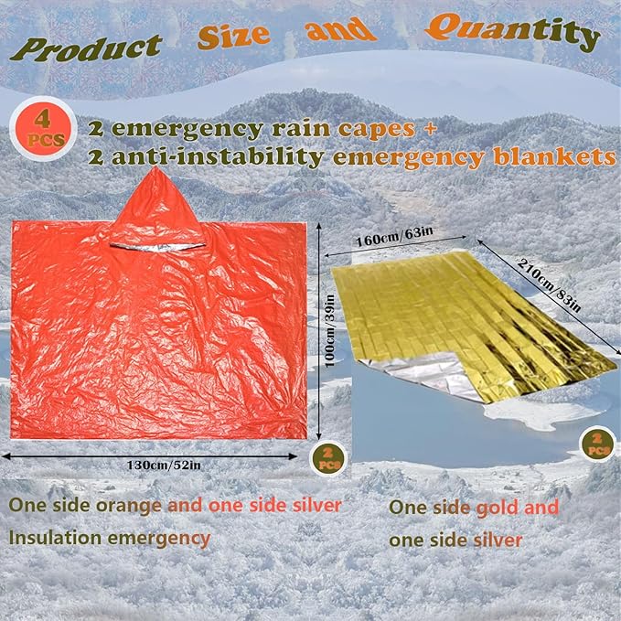 4X Survival Gear kit, Emergency Poncho (2pc), Emergency Space Blanket (2pc), Mylar Liner - Retains 92% Body Heat, for Outdoors, Hiking, Camping, Bug Out Bag, Marathons or First Aid, Car (Orange)