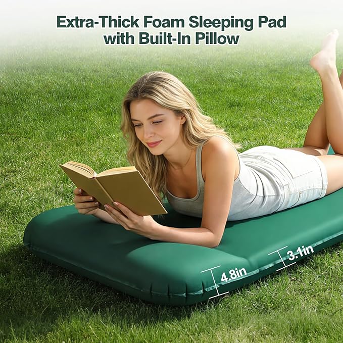 Memory Sleeping Pad, 3.1" Ultra-Thick Foam Sleeping Mats for Camping, 9.5 R-Value Insulated Self Inflating Sleeping Pad with Pillow, Camping Mattress Pad for Car Travel Tent