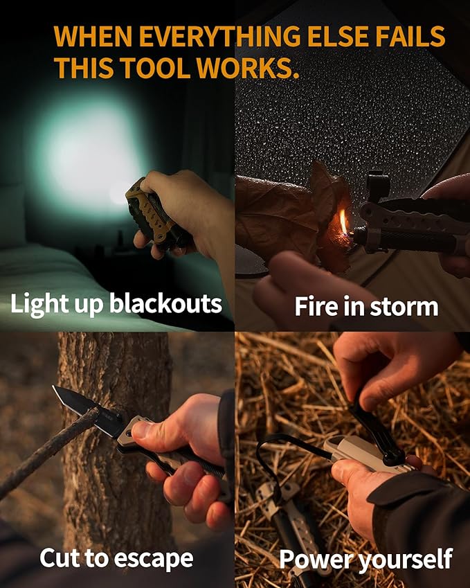 sayram Survival Multi Tool - 4-in-1 Tactical Knife, Rechargeable Flashlight, Pulse Arc Lighter, Hand Crank Generator for Emergency, Camping & Outdoor (Belt Sheath Included) (Green)