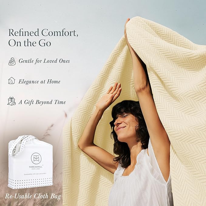 Threadmill Luxury Cotton Blankets for Twin Size Bed | All-Season 100% Cotton Twin Blanket for Bed | Herringbone Soft & Cozy Fall Thermal Blanket, 350GSM, 68x92 inches | Vanilla Cream