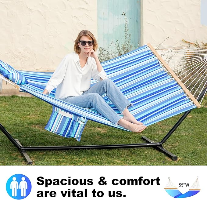 GAFETE 2 Person Hammock with Stand for Outside, 12ft Heavy Duty Steel Stand, Double Hammocks with Hardwood Spreader Bar, Large Removable Pillow, Side Pockets, Max 475 lbs Capacity (Ocean Blue)
