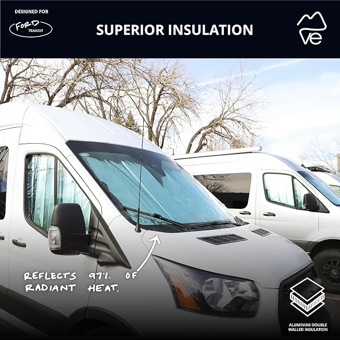 VanEssential Insulated Reflective Blackout Window Cover Designed for Ford Transit High/Medium Roof Front Windshield - Black Reflective