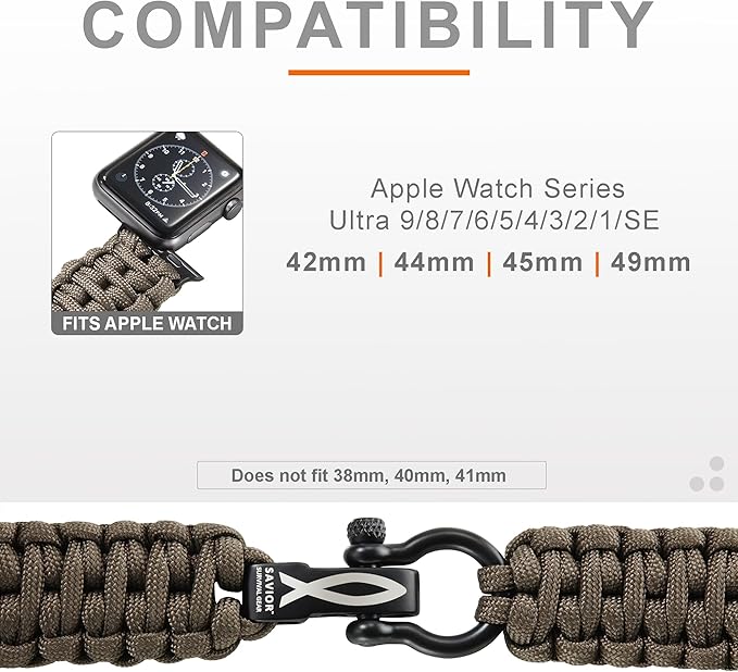 Savior Survival Gear Paracord Watch Band, Compatible with Apple Watch Band 49mm 46mm 45mm 44mm 42mm,iWatch Band Series Ultra 10 9 8 7 6 5 4 3 2 1 SE,Adjustable strap for men (Gunmetal Gray, X- Large)