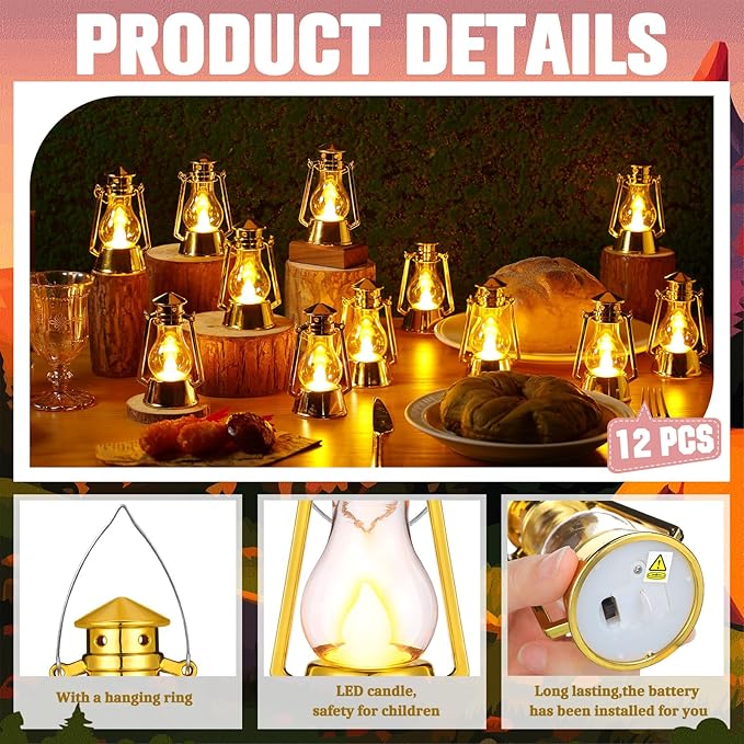 Ferraycle 12 Pcs Mini Lantern for Centerpiece Western Wedding Decor 4 Inch Camping Decorative with LED Candle Vintage Hanging Lantern Ornaments Bulk for Cowboy Cowgirl Xmas Party Decoration (Gold)