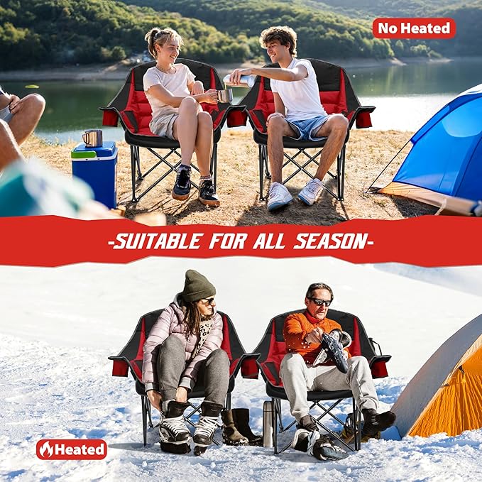 Youtanic Heated Camping Chair, 3 Heat Levels Oversized Padded Lawn Chair with Side Pockets and Cup Holder, Outdoor Heating Folding Camp Chair for Adults, Fishing, Sports, Picnic, up to 500lbs, Style 2