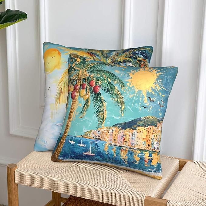 Tropical Palm Tree Art Throw Pillow Covers 18x18 inch Set of 2 Sunshine Pillow Case Cushion Cover for Home Sofa Couch Living Room Car Decor