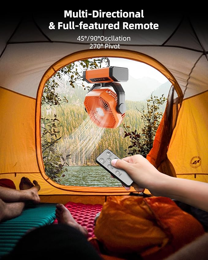 MORIKO 20000mAh LED Light Fan, Rechargeable Battery Operated with Remote & Hook, 270 Pivot, 4 Speeds, Portable Outdoor Fan for Tent, Beach, BBQ, Jobsites