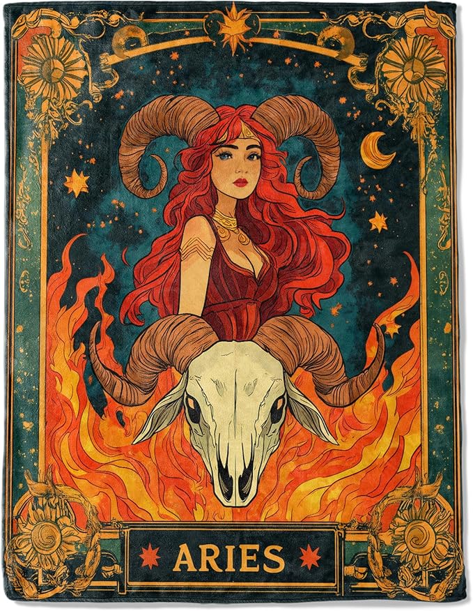 Aries Zodiac Fleece Blanket - Lightweight Soft Cozy Gifts Throw for Zodiac Lovers,Women,Men,Red-Haired Warrior Ram's Skull Tarot Blankets,Home Room Modern Artistic Bold Decor 60x80in