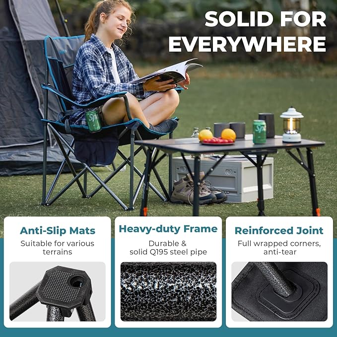 FUNDANGO Oversized Camping Chair for Adults,550lbs Heavy Duty Foldable Portable Lawn Chair with Padded Seat & Back, 4-can Cooler & Cup Holder, Carry Bag Included for Outdoor (Black/Grey)