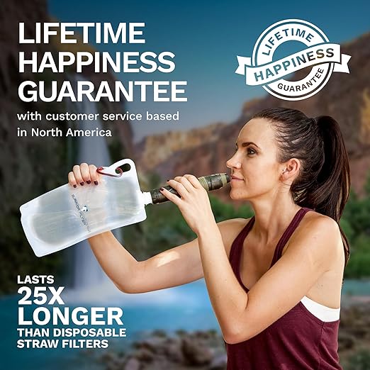 Survivor Filter Squeeze Kit – Emergency Water Straw with 2 Collapsible 33.8 fl oz Bottles – USA-Tested – 0.05 Micron Filtration – Portable Outdoor Water Filter for Camping & Hiking – No Expiration