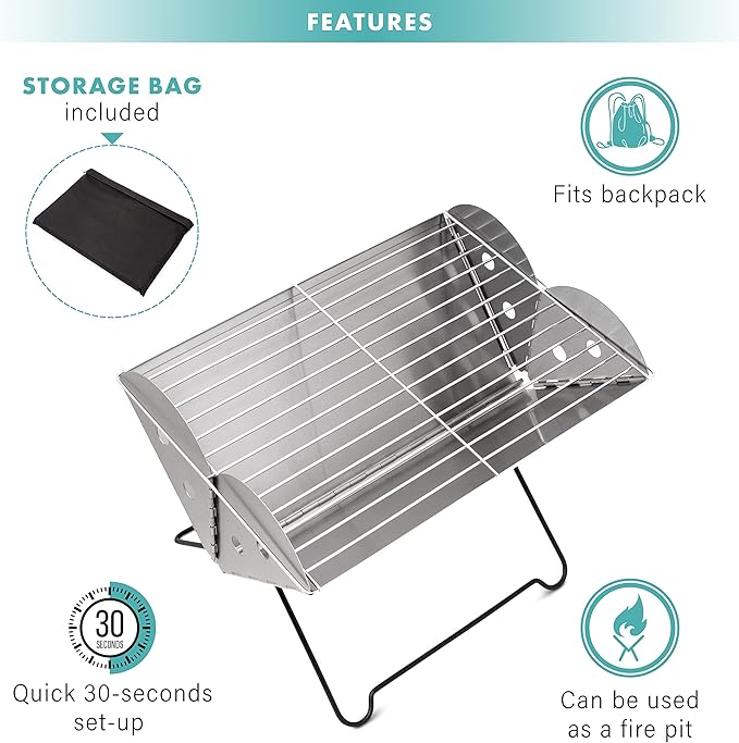 Vaygway Flatpack Portable Foldable Stainless Steel Grill and Fire Pit- Premium Quality Portable Travelling BBQ Grill- Wood Burning Charcoal Grill- For Camping, Hiking, Picnics (1 Pack)
