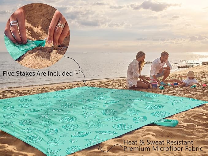 WEKAPO Beach Blanket Waterproof Sandproof Oversized, Extra Large Beach Mat Sand Free, Lightweight & Compact Sand Free Mat with 5 Stakes & 4 Corner Pockets