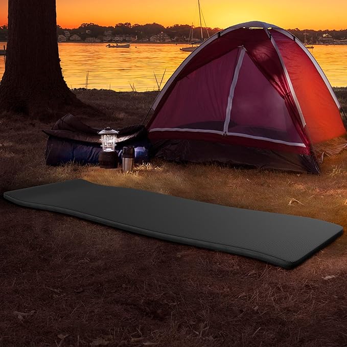 Foam Sleeping Pad for Camping - 1.25-Inch-Thick Waterproof Sleep Pad with Carry Straps for Cots, Tents, or Sleepovers by Wakeman Outdoors (Black)